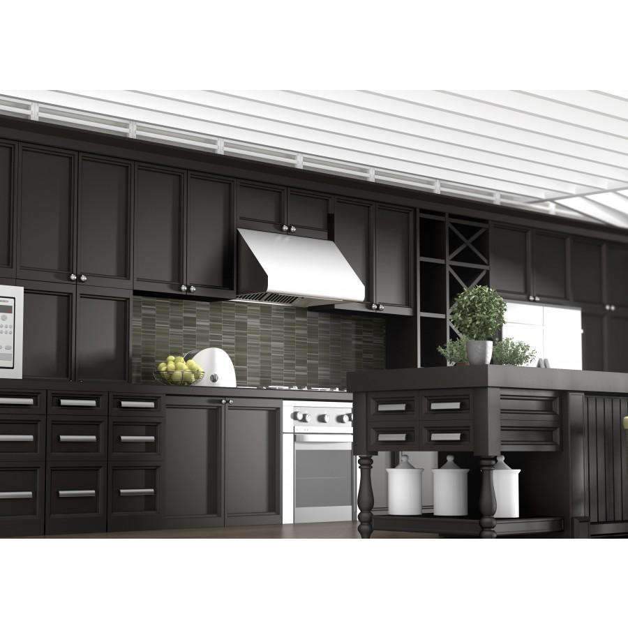 Under-cabinet range hood installed under dark cabinets with stainless chimney body