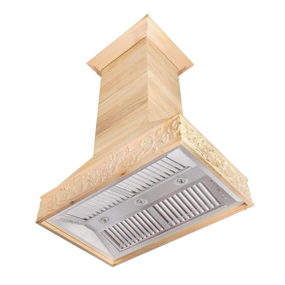 Unfinished wood island range hood with ornate carved trim and vent grille