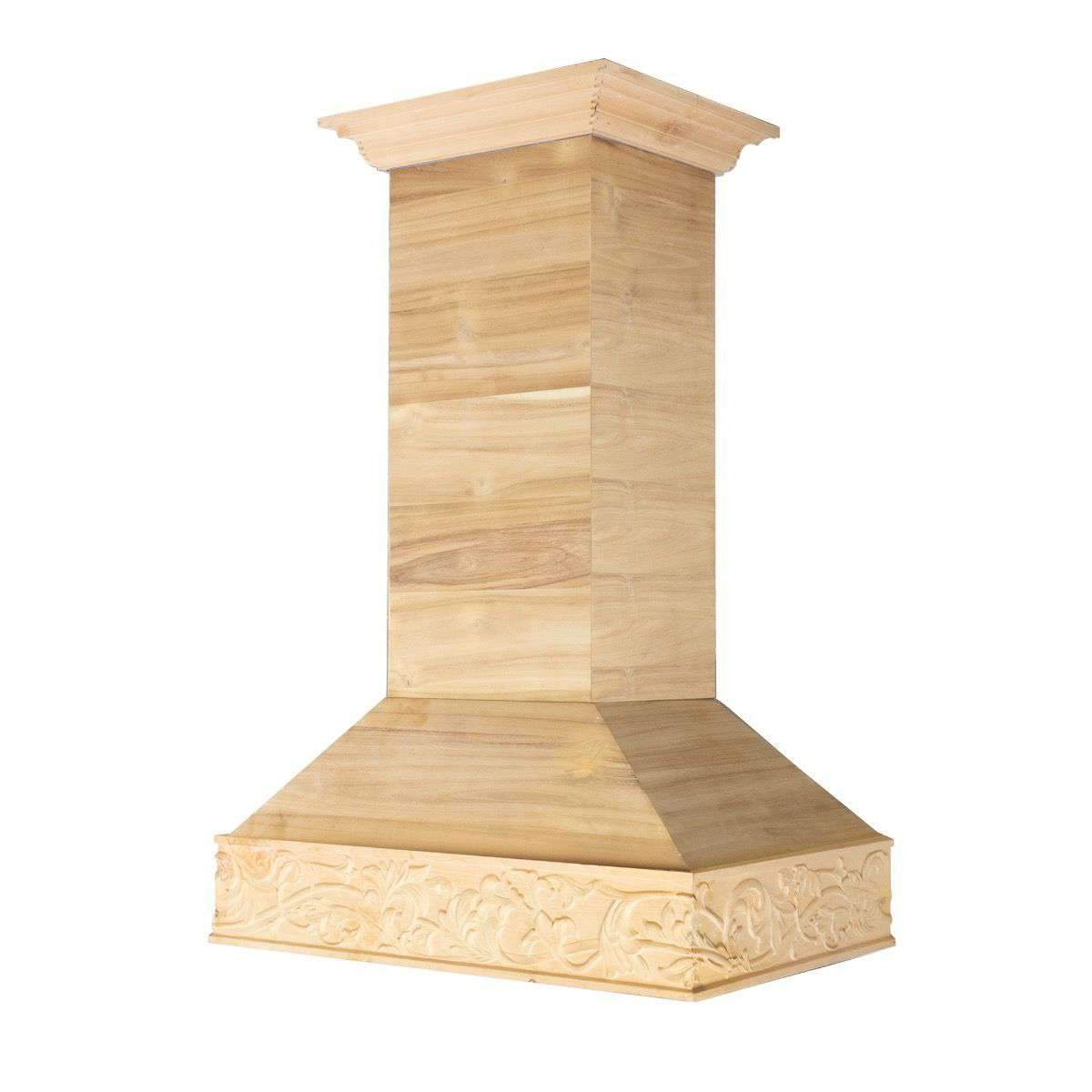 Unfinished wooden island range hood with carved decorative front edge