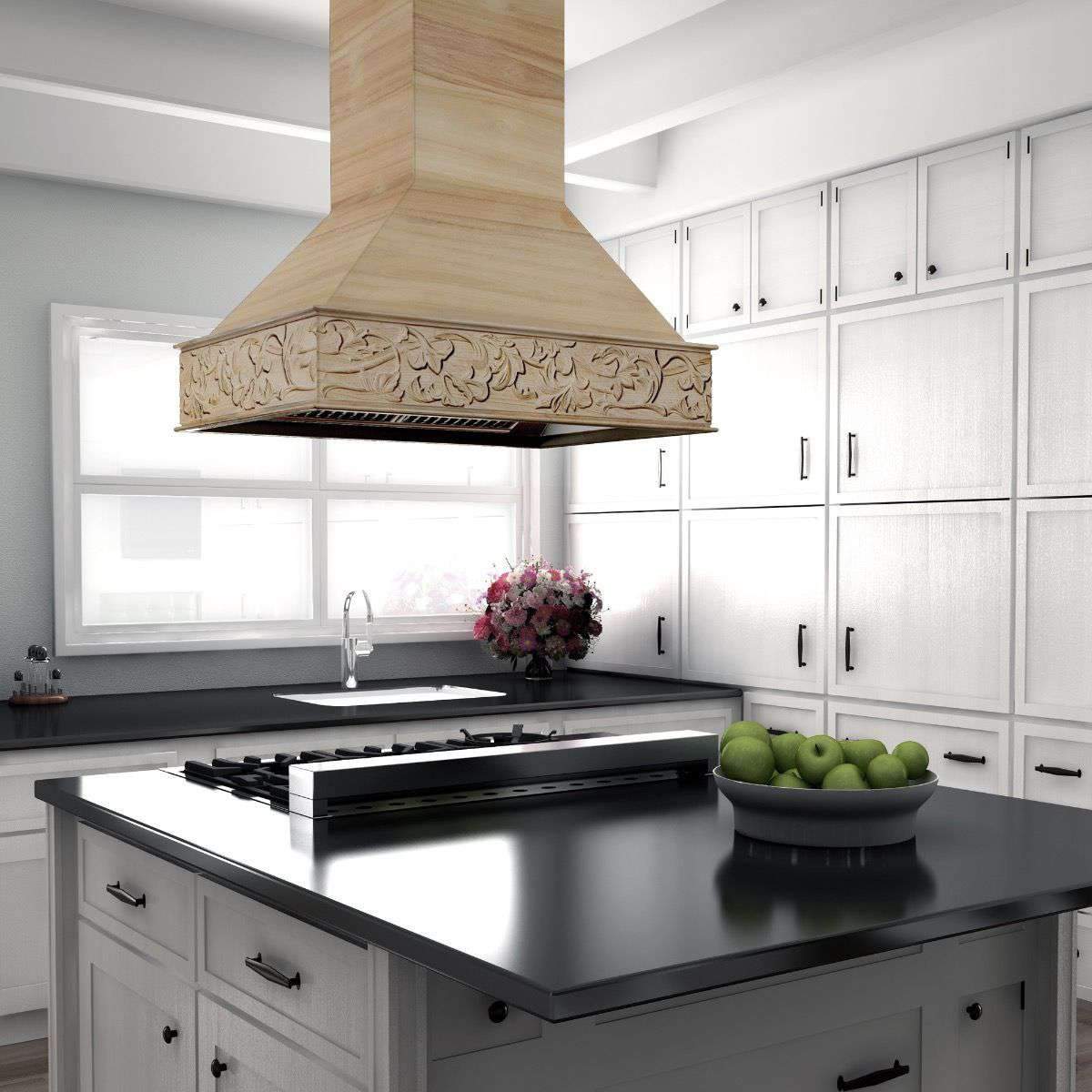 Unfinished wooden island range hood with ornate carved front and tall chimney
