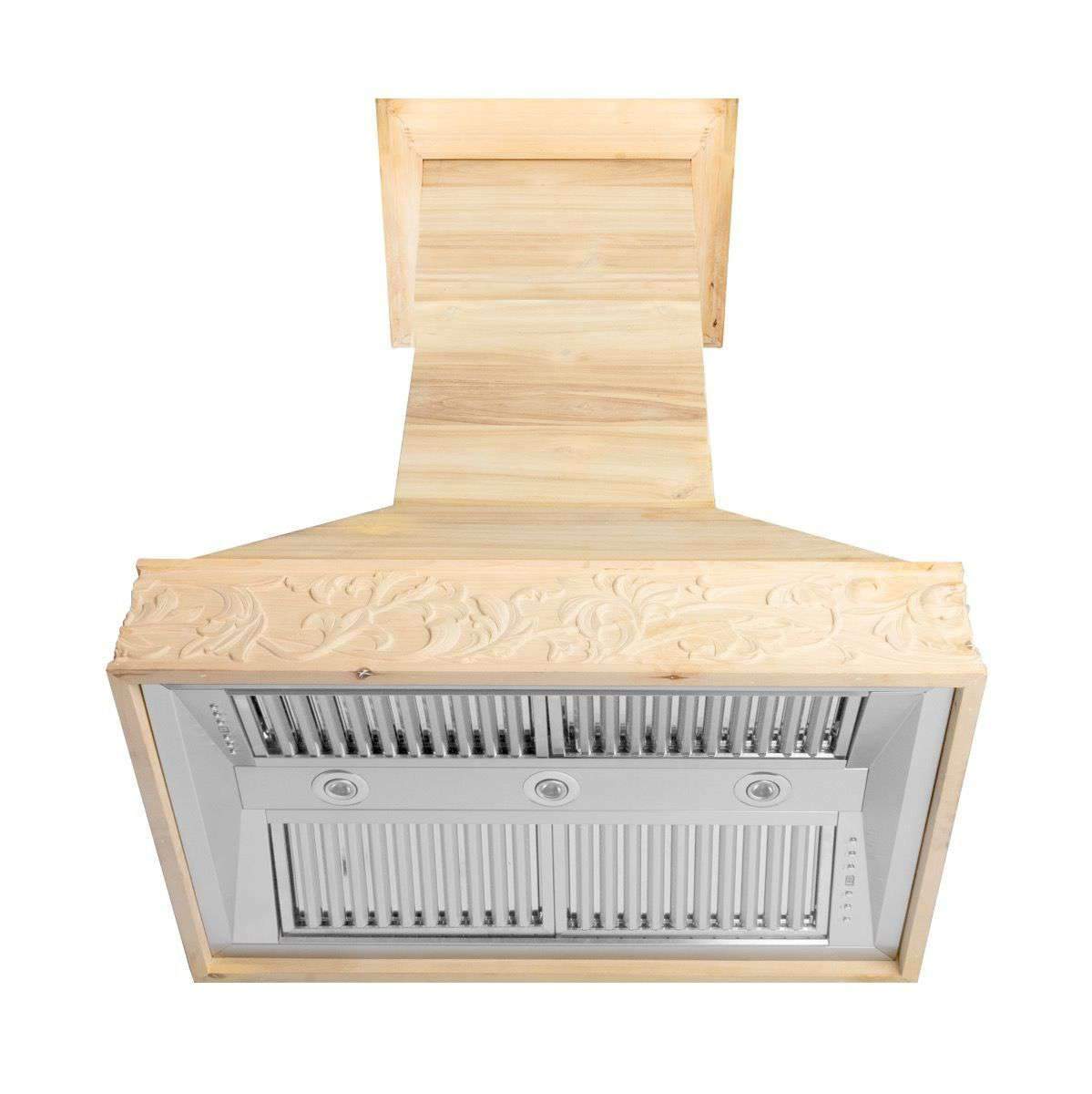 Unfinished wooden island range hood with stainless vent panel, exposed duct opening