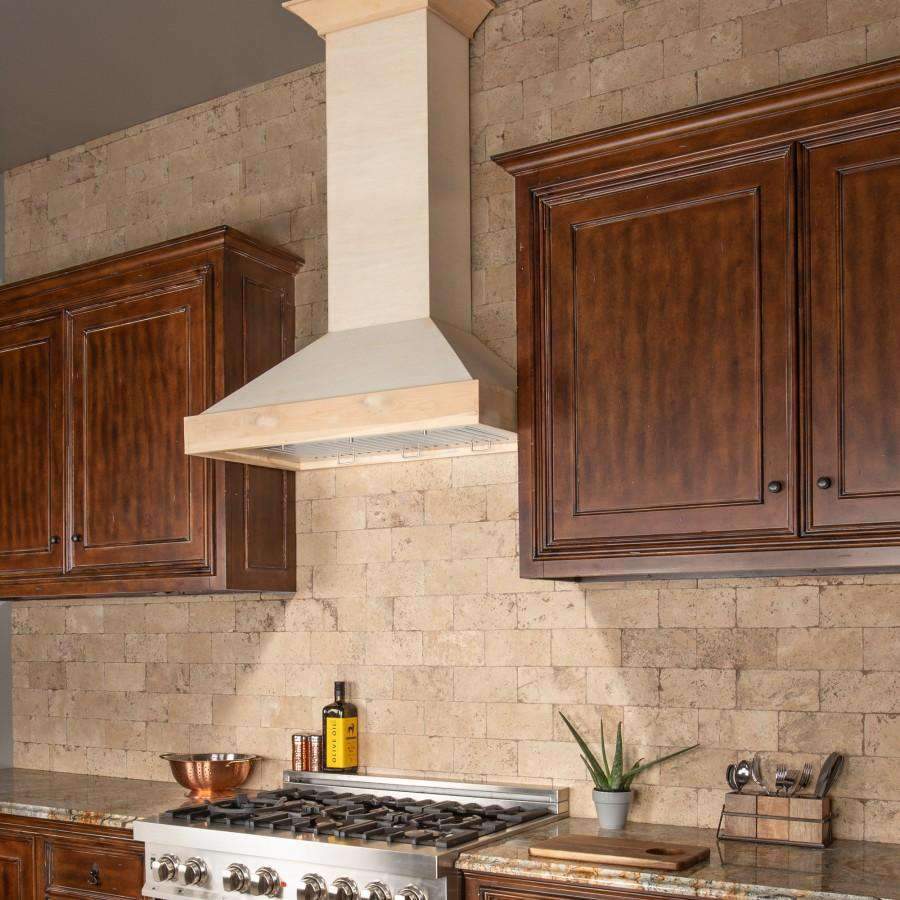 Unfinished wooden wall-mount range hood with wide canopy and chimney trim
