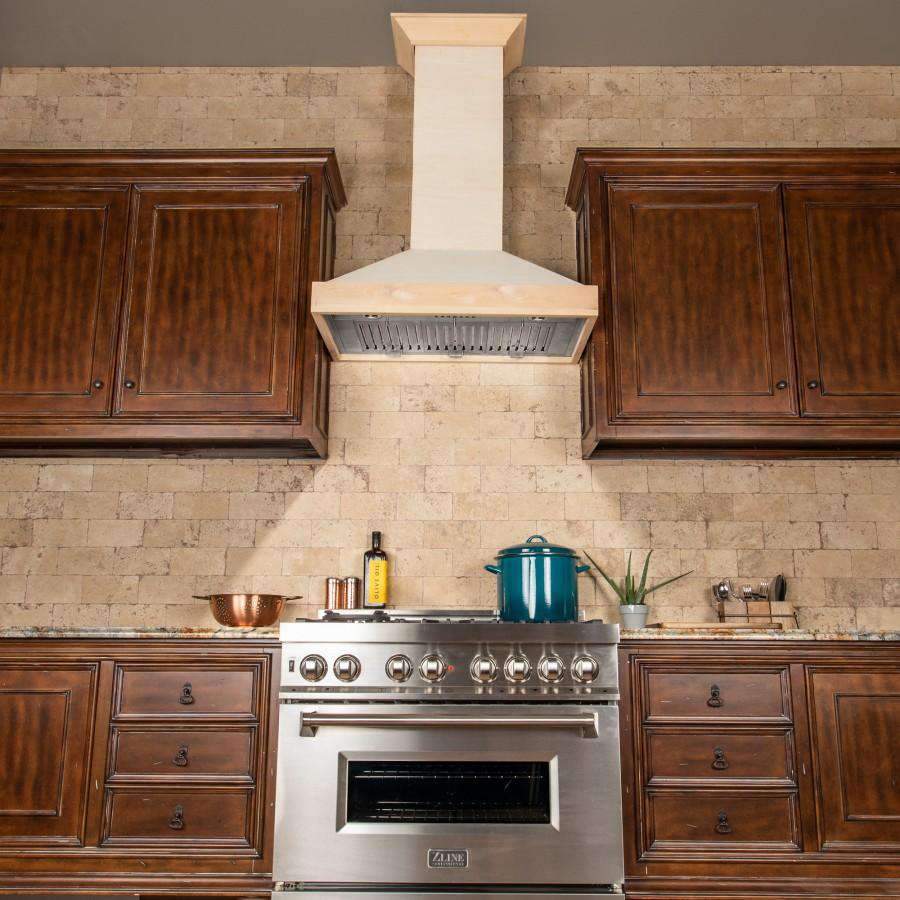 Unfinished wooden wall-mount range hood with metal vent grates beneath