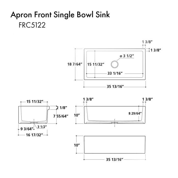 Single-bowl apron front sink dimensions diagram with labeled measurements