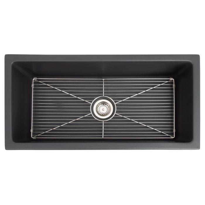 Charcoal single-bowl sink with stainless bottom grid and center drain opening
