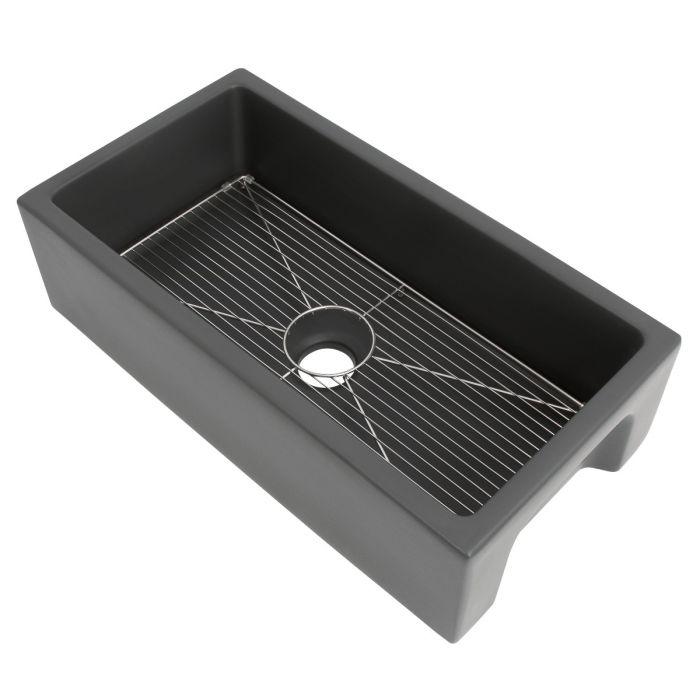 Charcoal single-bowl sink interior with wire bottom grid and circular drain