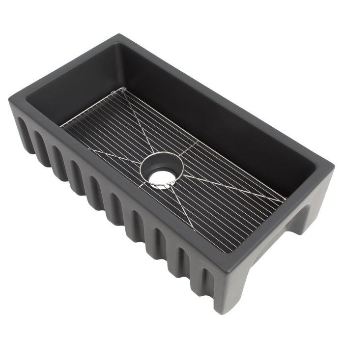 Charcoal single-bowl sink with stainless bottom grid and round drain opening