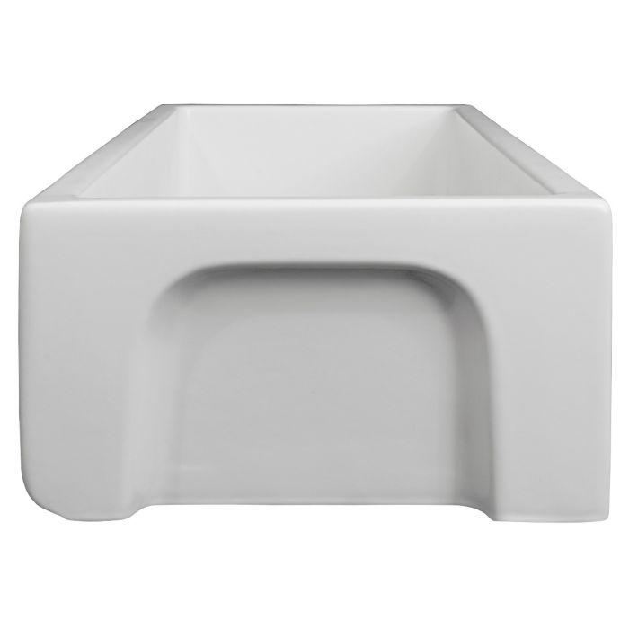 White fireclay apron-front single-basin sink with rounded rectangular basin