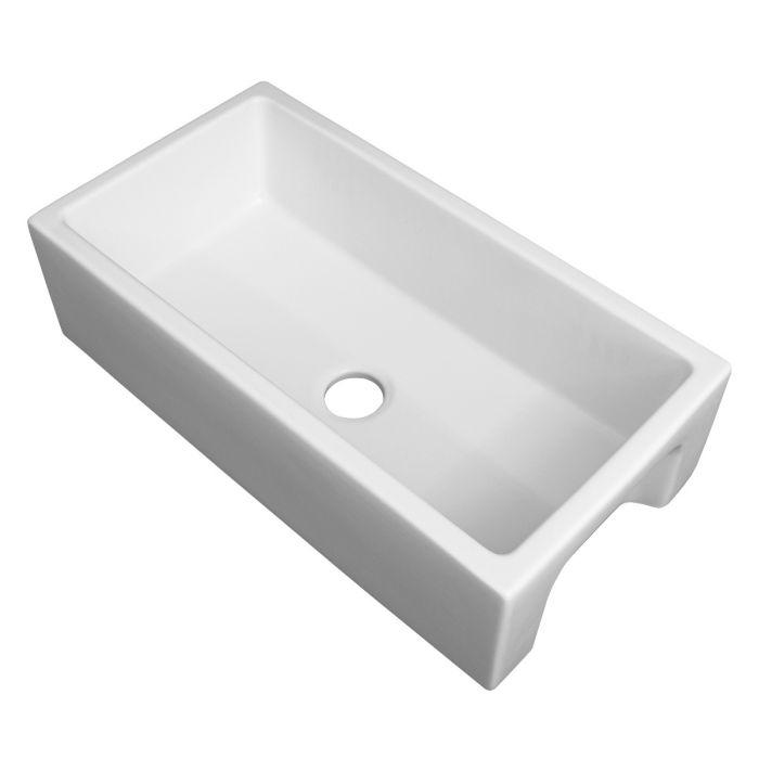 White matte fireclay apron-front single bowl sink with circular drain opening