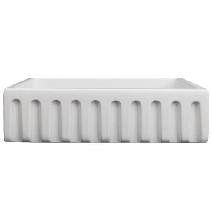 White matte fireclay single-bowl sink with ribbed apron front edge