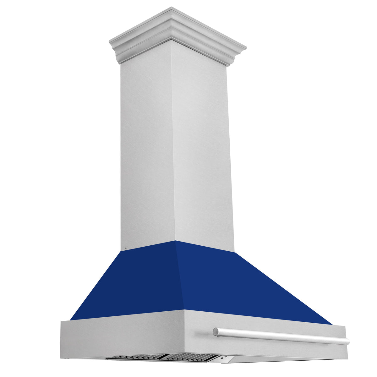 Wall-mount range hood with blue gloss shell and stainless chimney-style cover