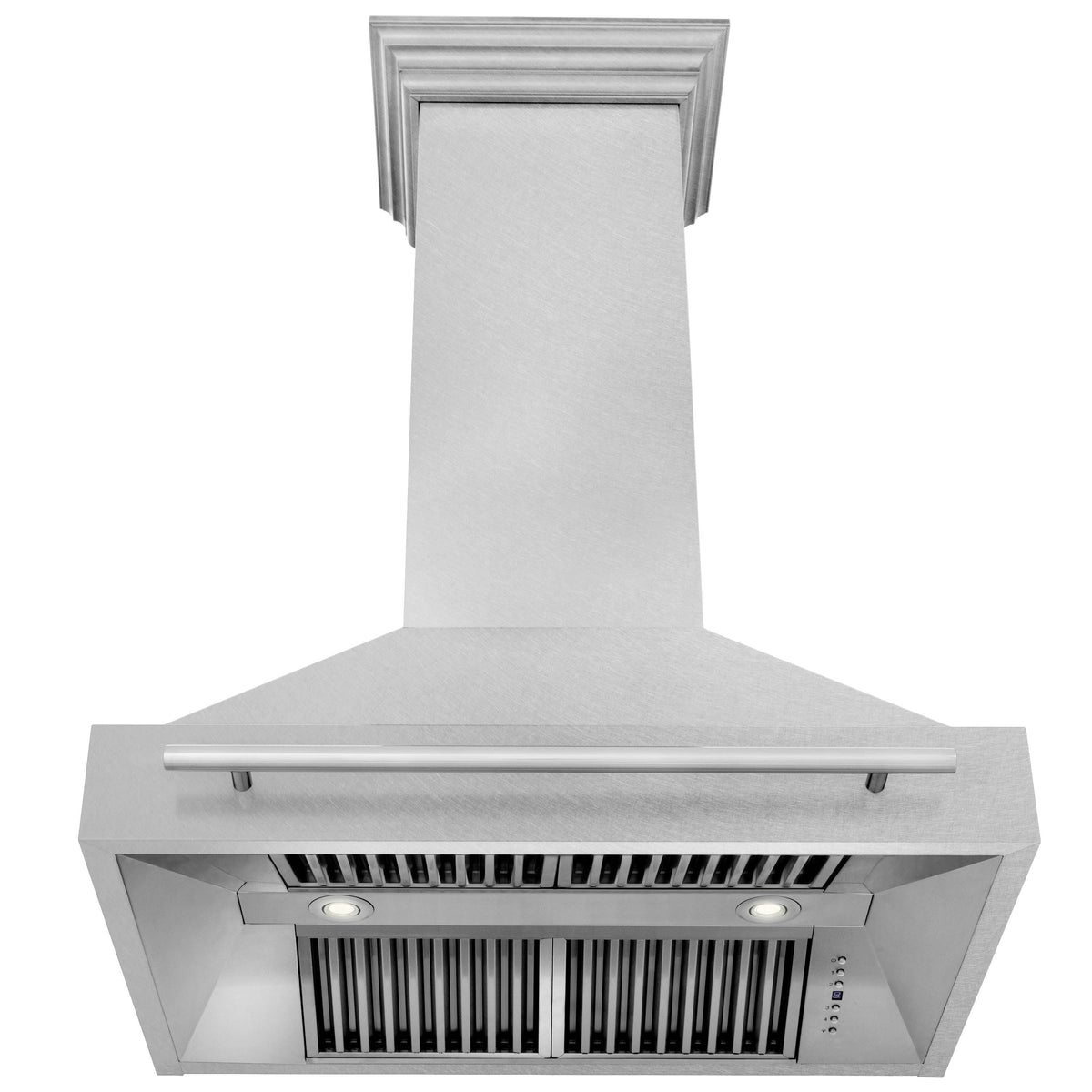Satin stainless steel wall-mount range hood with front vent opening and twin interior lights