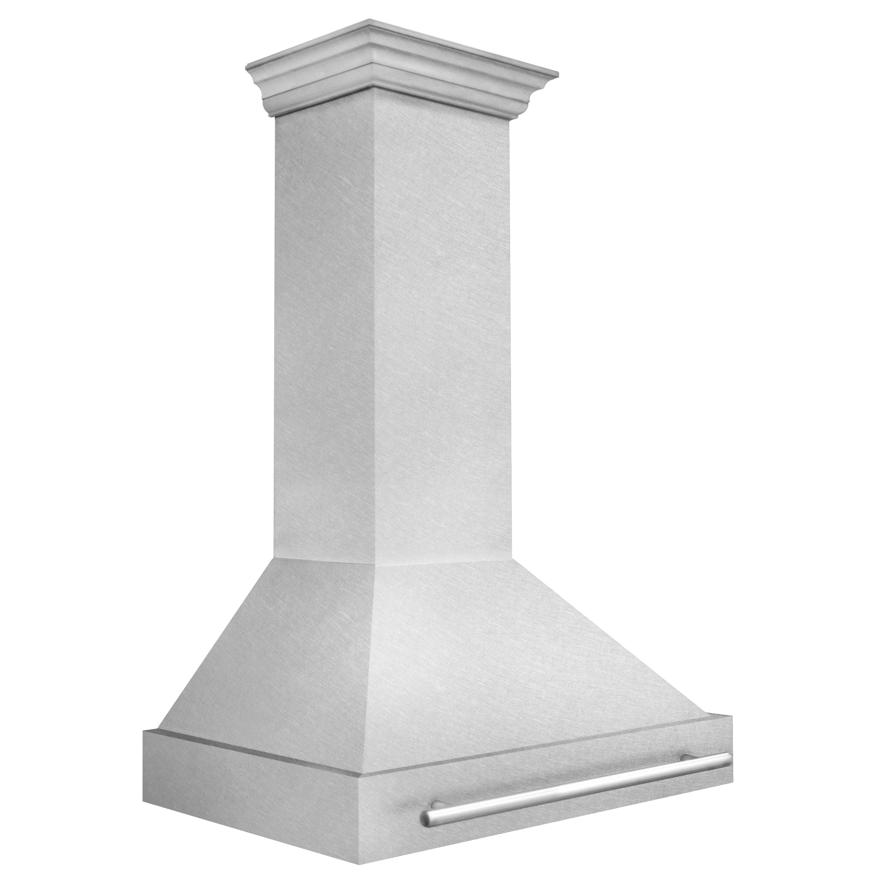 Wall-mount satin stainless steel range hood with decorative chimney cap and flat top