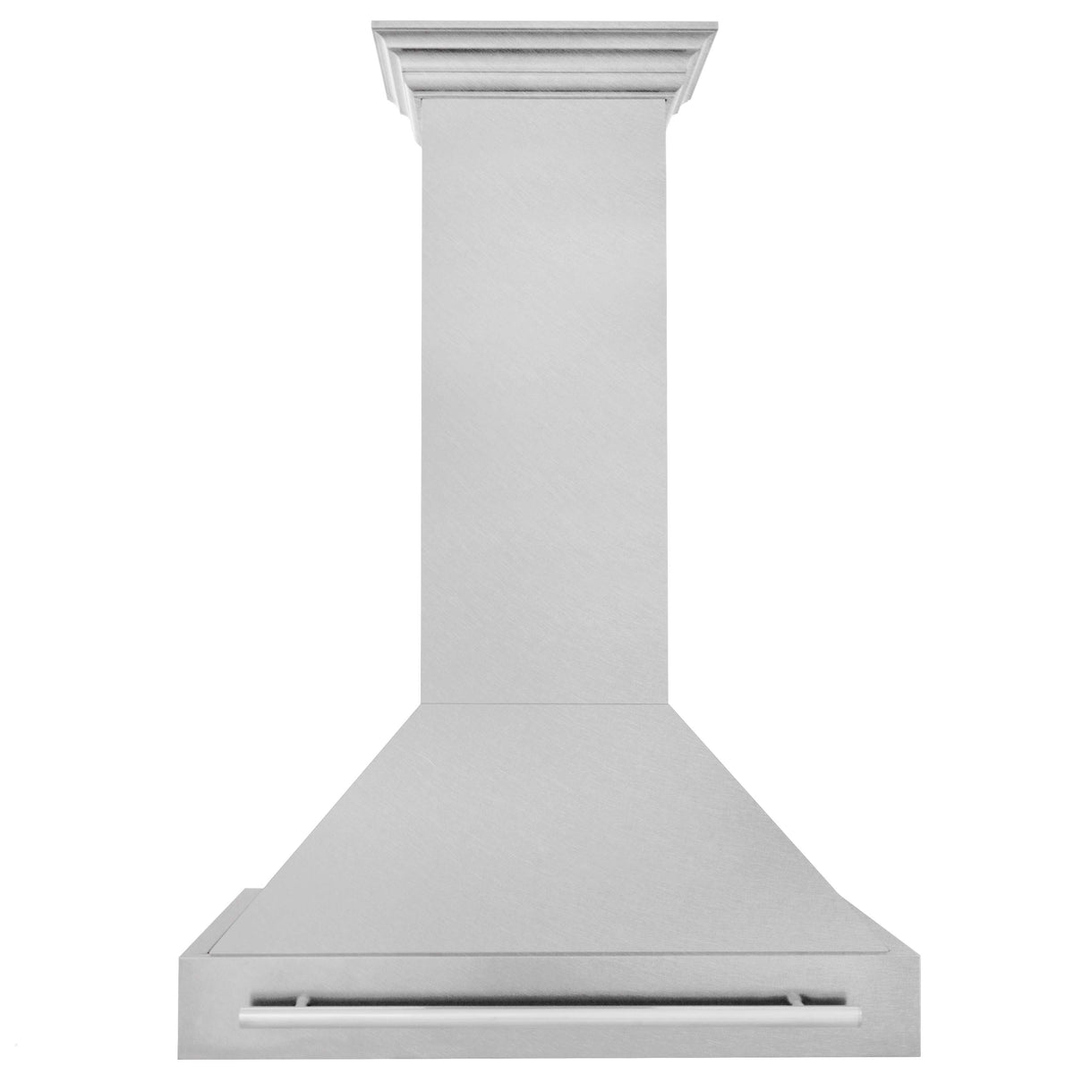 Wall-mount range hood with satin stainless steel chimney and horizontal vent strip