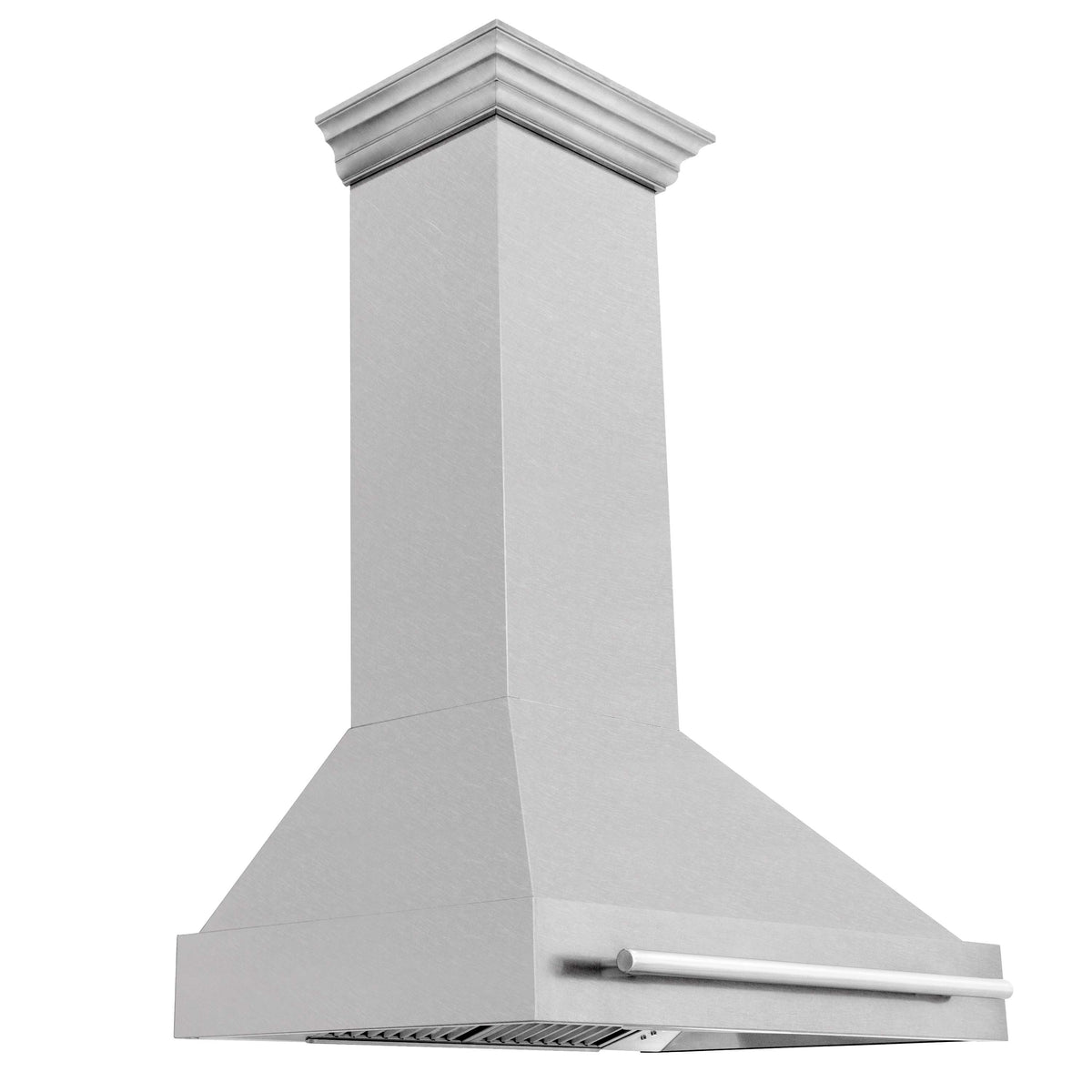 Satin stainless steel wall range hood with front vent opening and horizontal handle bar