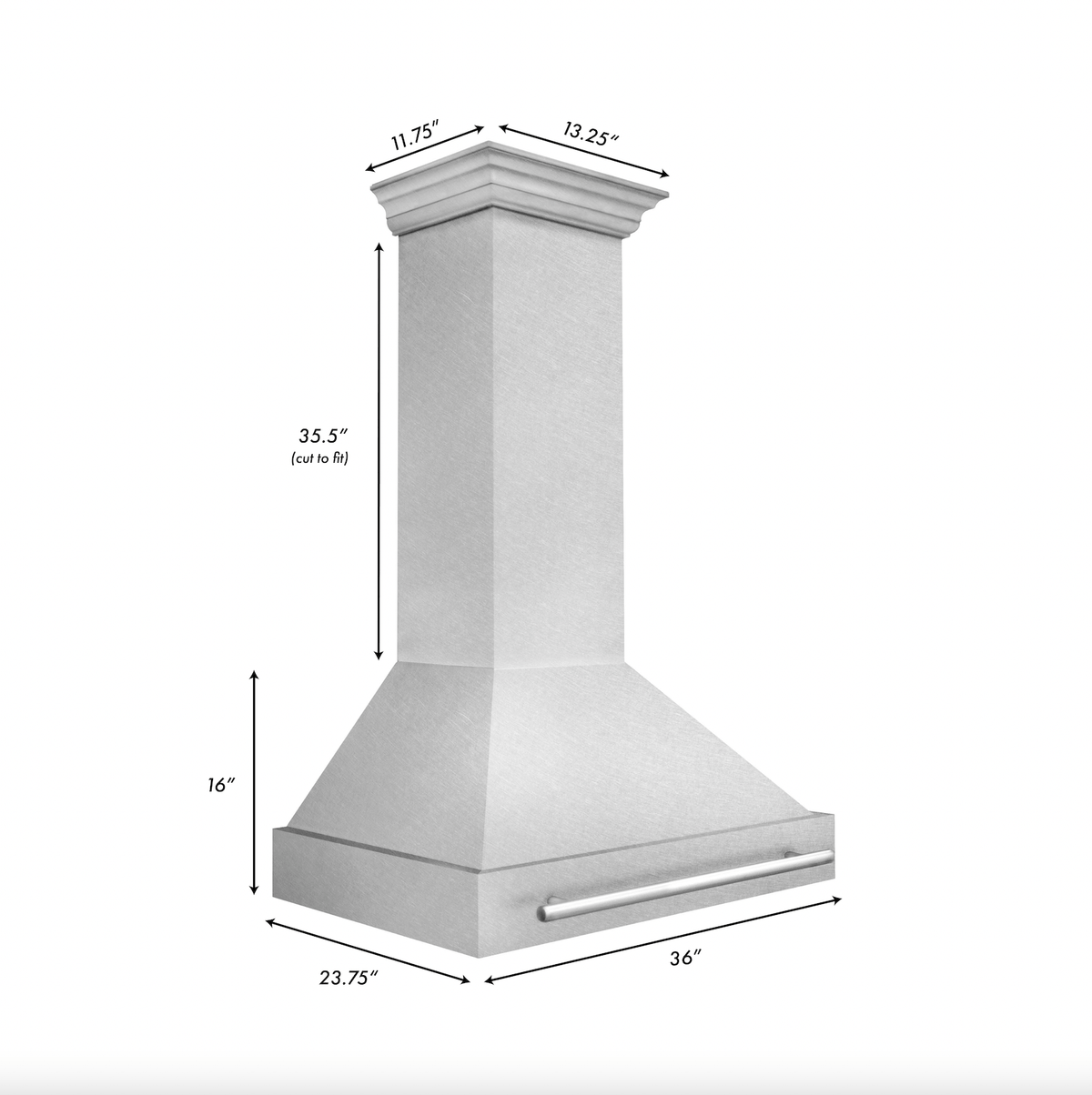 Wall mount range hood chimney with satin canopy; size diagram with dimensions