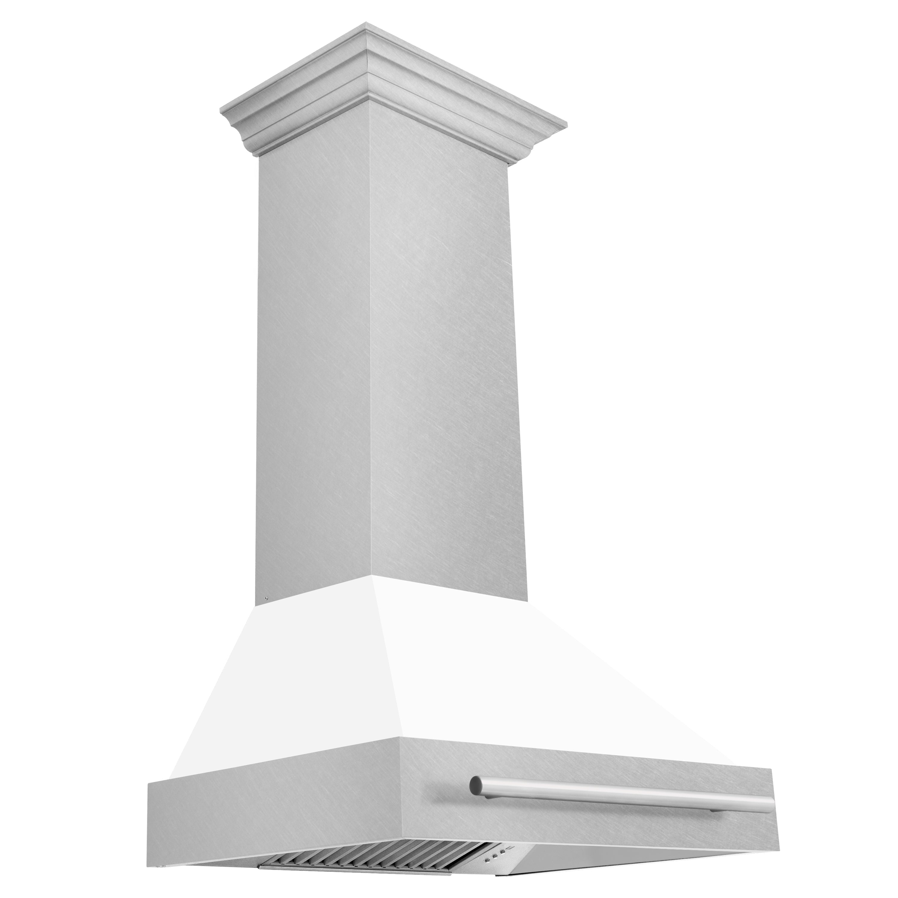 Chimney-style wall mount range hood with white matte shell and satin stainless vent grille