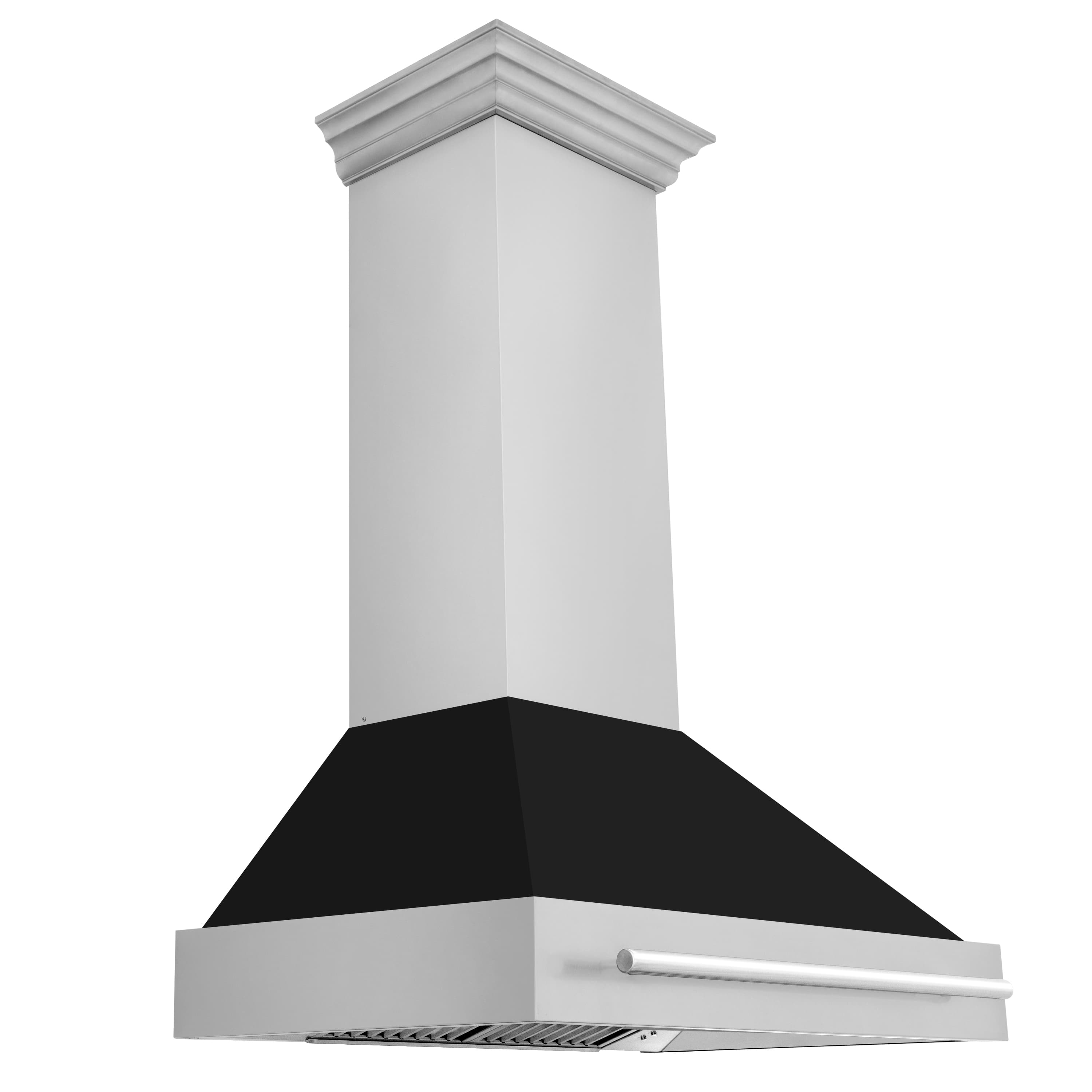 Wall-mount range hood: black matte chimney, stainless steel body, front handle