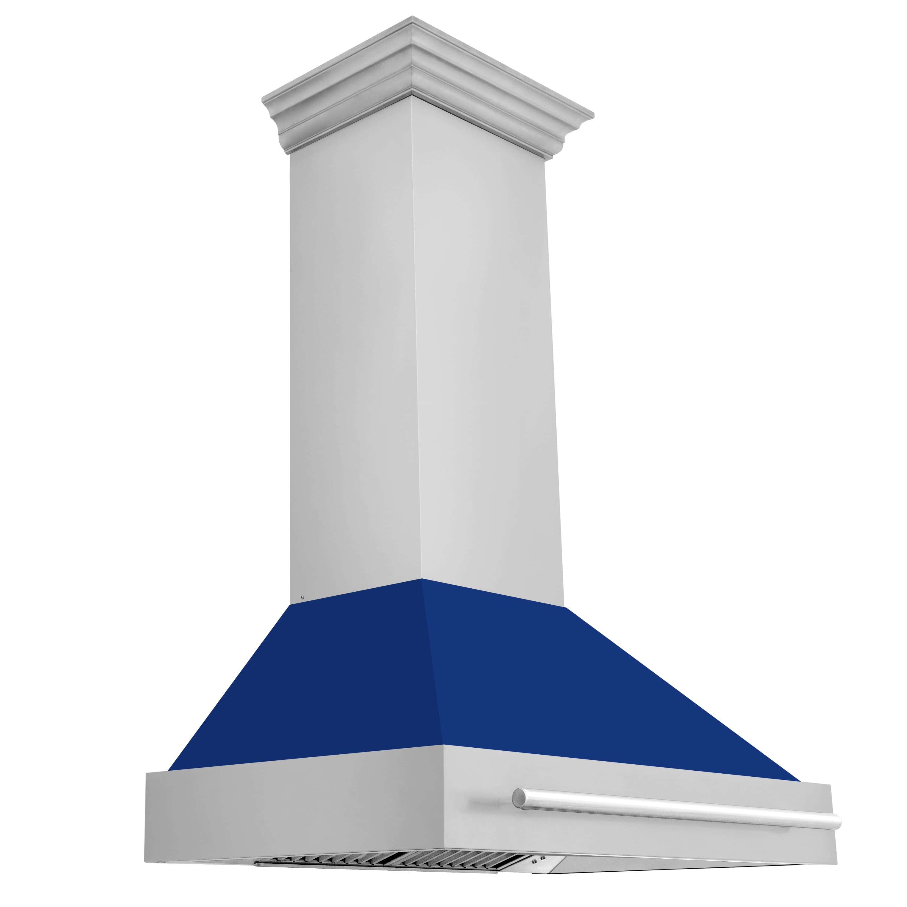 Wall-mount range hood with blue glossy shell and stainless handle
