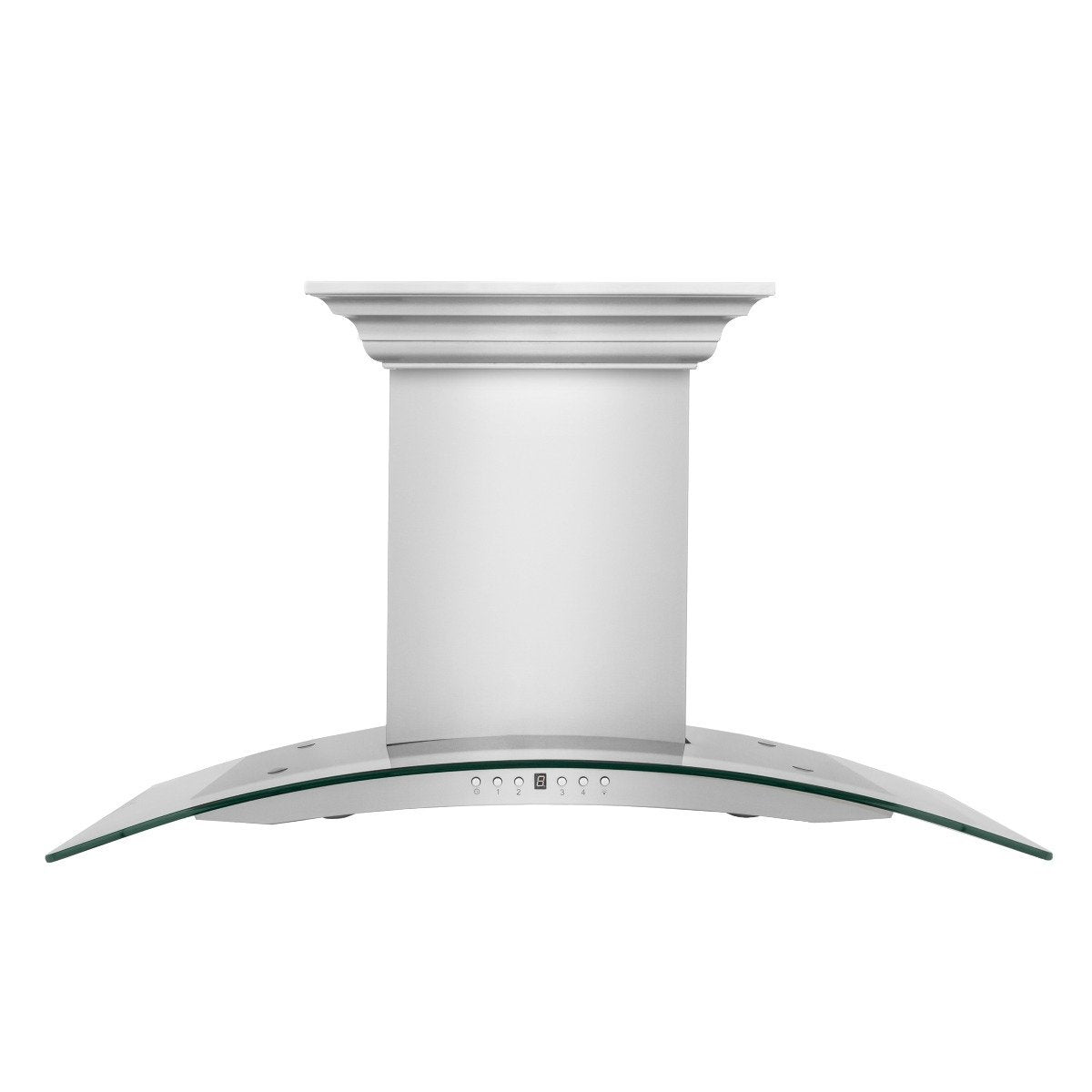 Wall mount range hood with arched glass canopy and decorative top trim