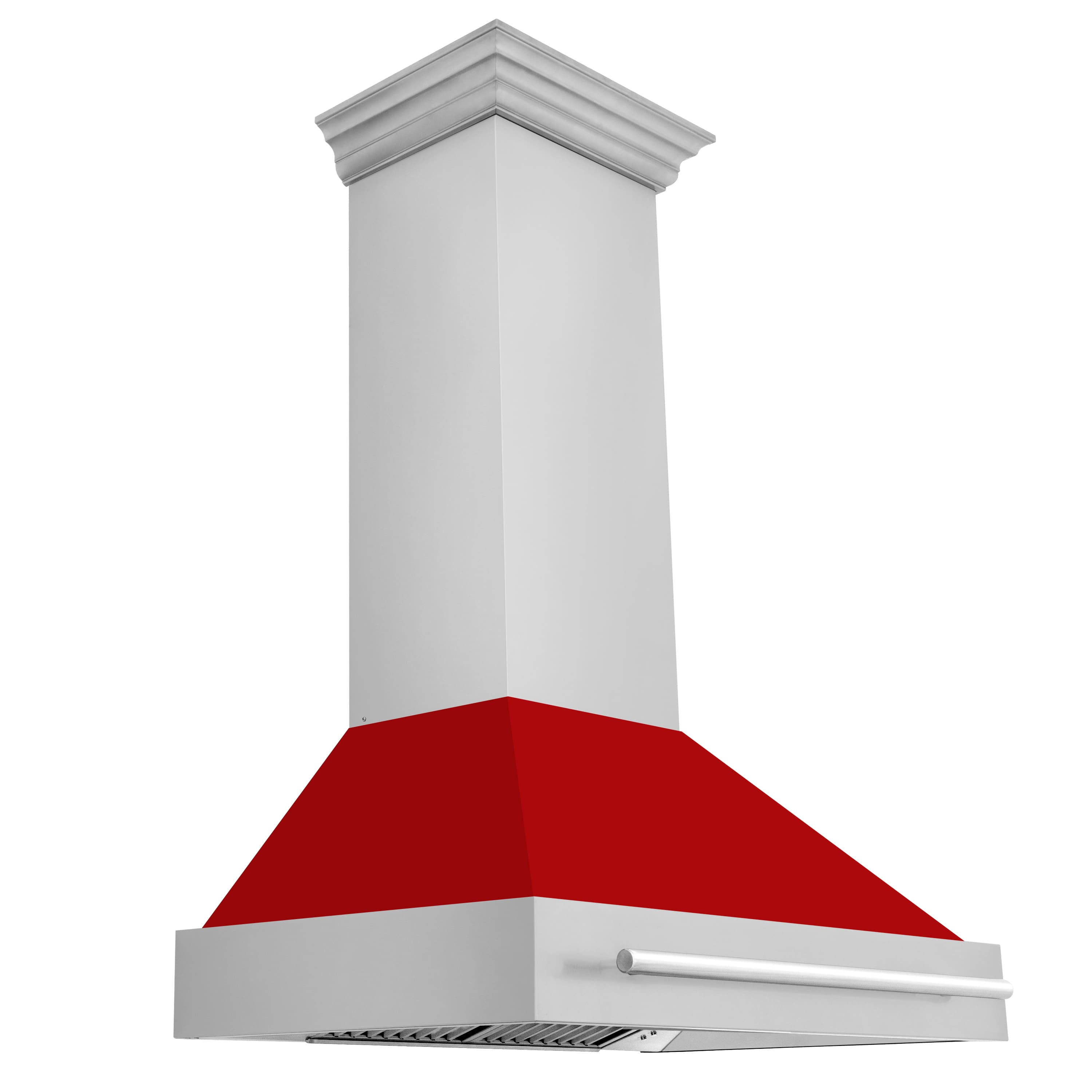 Wall mount range hood with red matte chimney and stainless handle