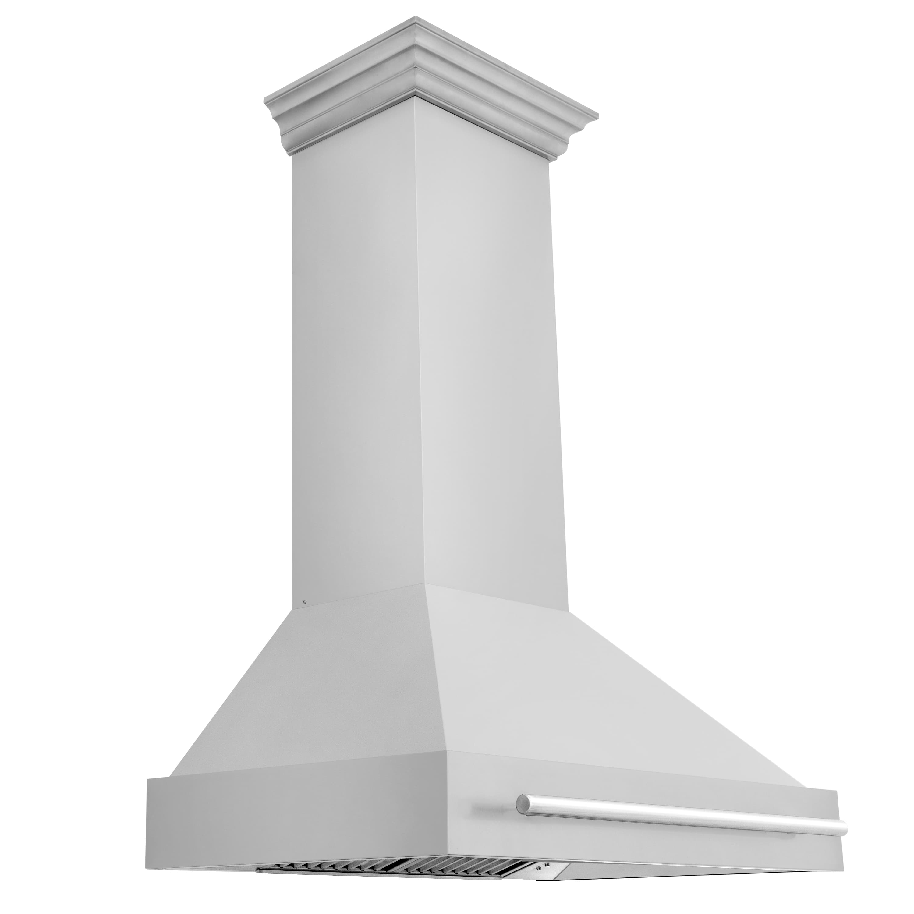Stainless steel wall-mount range hood with front vent panel and long handle