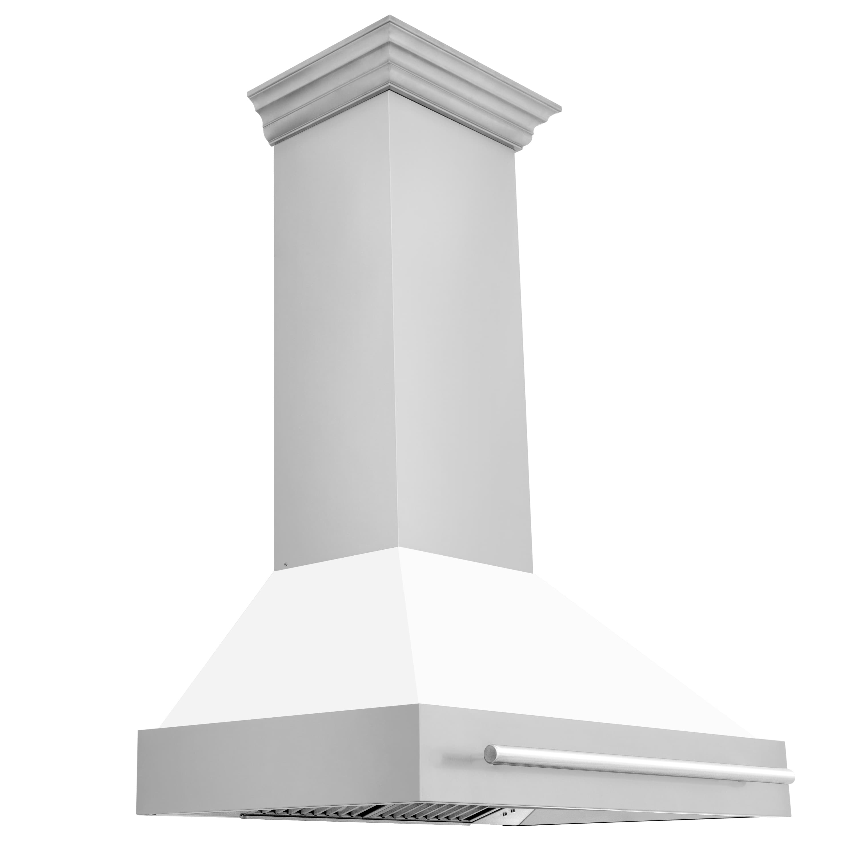 Wall-mount range hood with white matte shell and stainless handle, stainless baffle filters