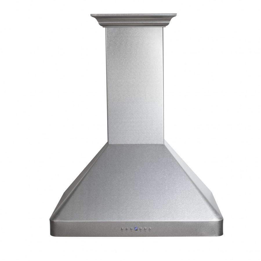 Satin stainless wall-mount range hood chimney with flared hood top