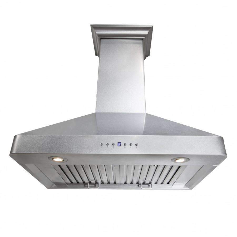 Satin stainless wall range hood underside with lights and vent filters
