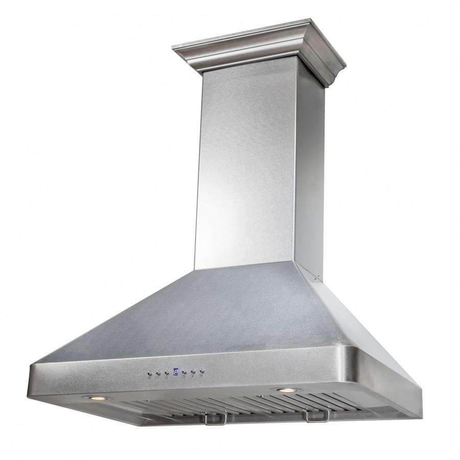 Satin stainless wall-mount range hood with crown molding and chimney, angled view