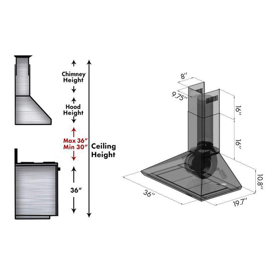 Wall range hood with chimney and hood-height installation diagram