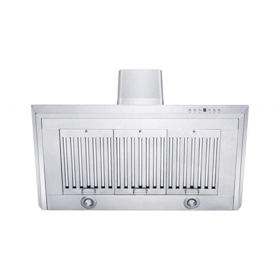 Stainless steel wall range hood vent panel with filter bar grille and knobs