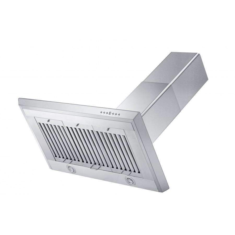 Stainless steel wall range hood underside with vent grilles and mounting screws