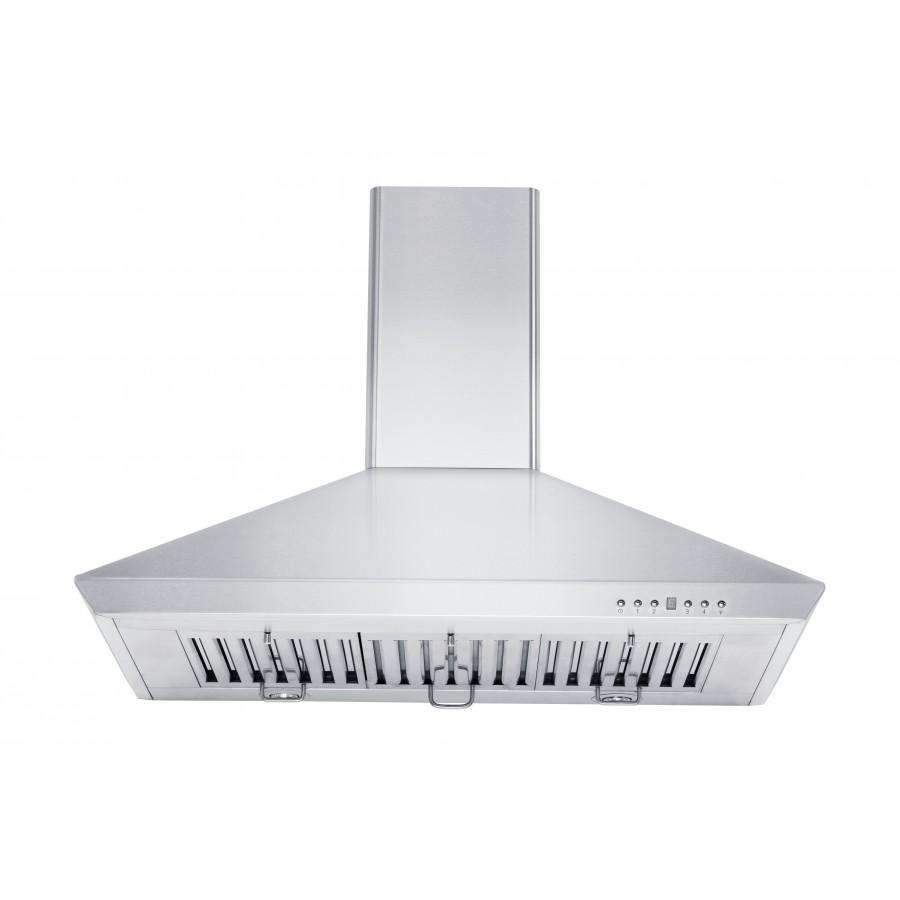 Stainless steel wall range hood with front filter grates and control buttons