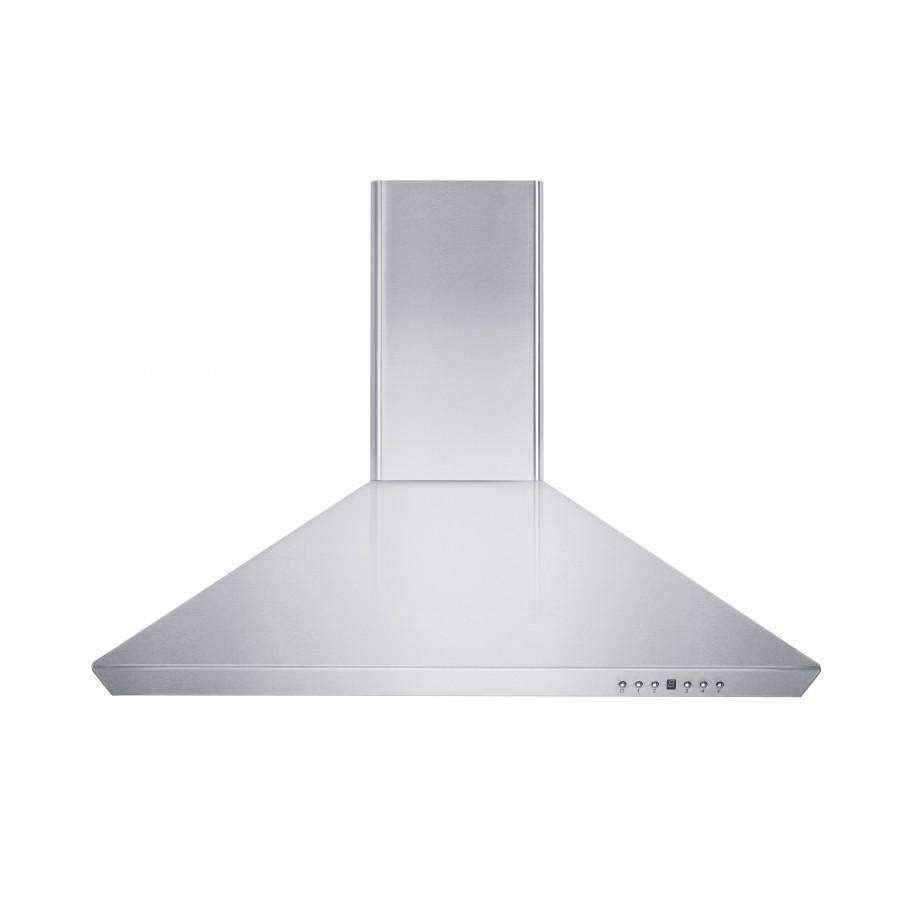 Stainless steel wall range hood with tall chimney stack and front control strip