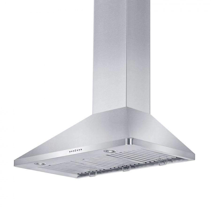 Stainless steel wall range hood underside with vent louvers and grease tray