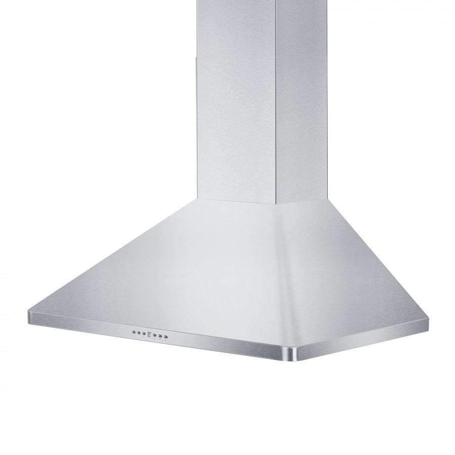 Stainless steel wall chimney range hood with flared canopy and control strip