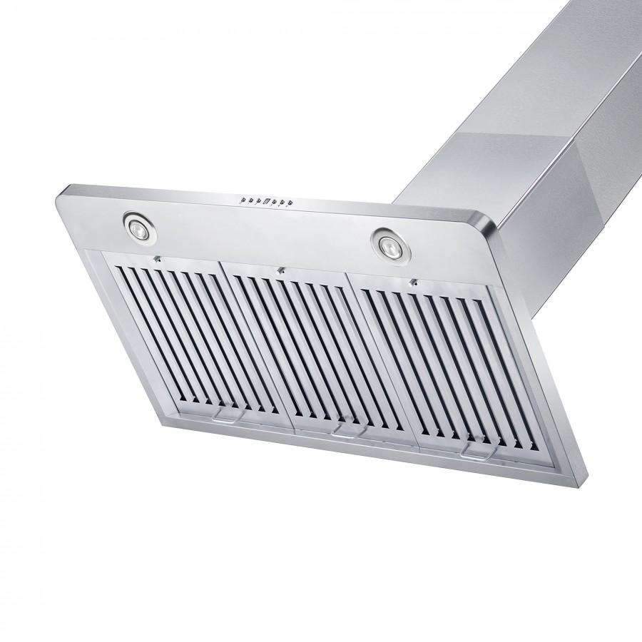 Stainless steel wall range hood underside with vent louvers and front control panel