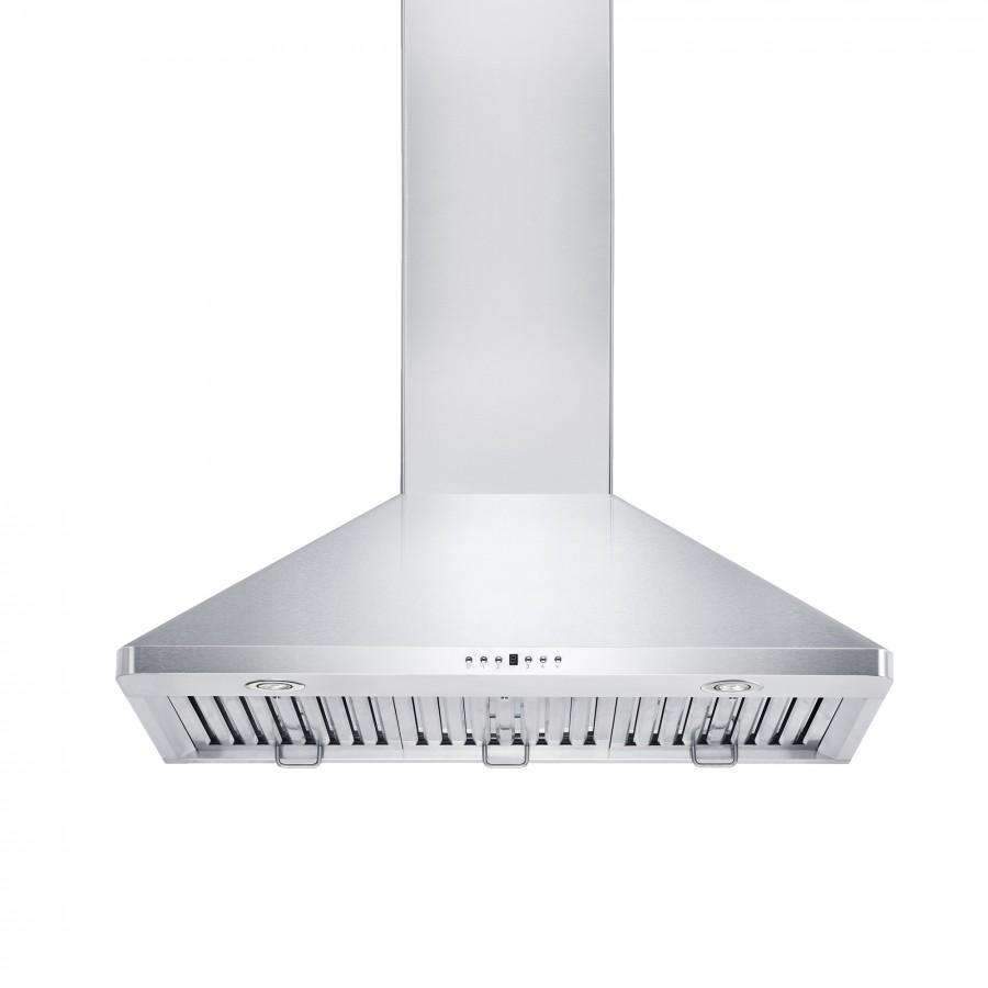 Stainless steel wall range hood underside with vent grille and removable grease filters