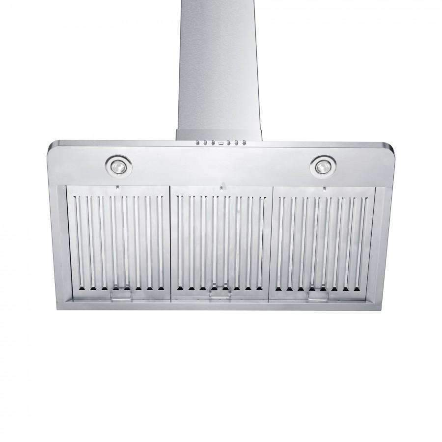 Stainless steel wall range hood front with vent grille and two round knobs