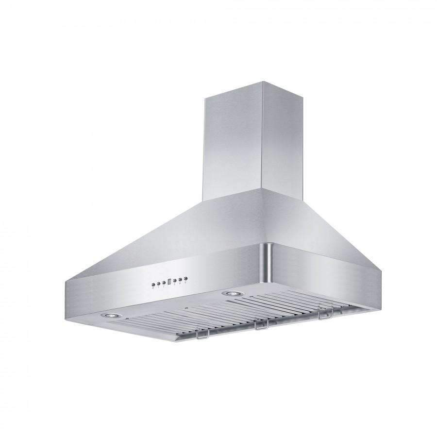 Stainless steel range hood with angled chimney, round vents, and removable internal grille