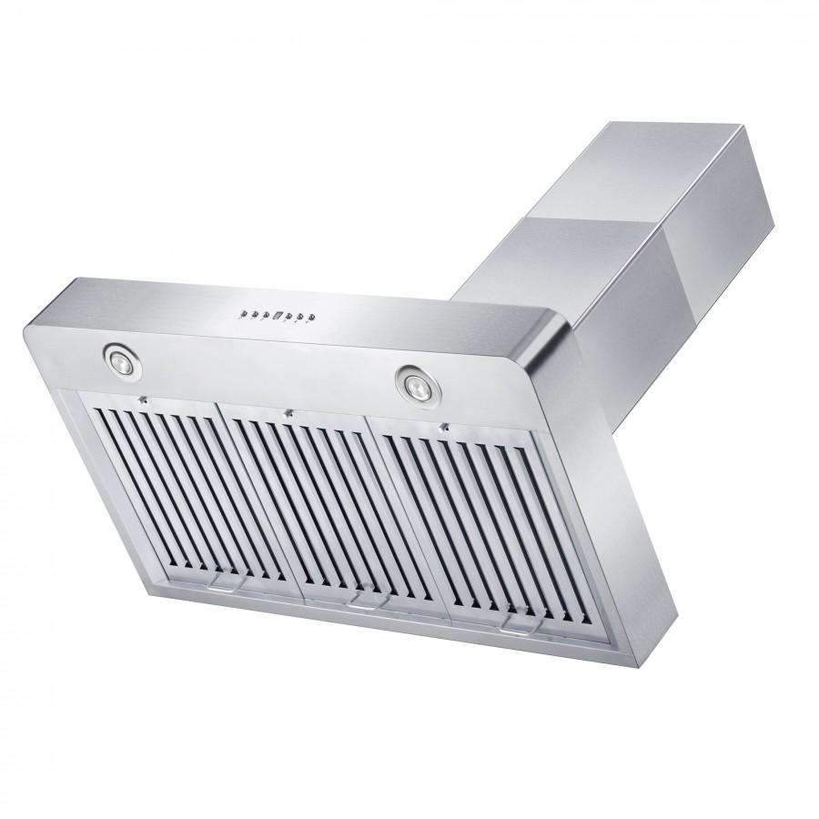 Angled view of stainless steel range hood with two round lights and vent grille
