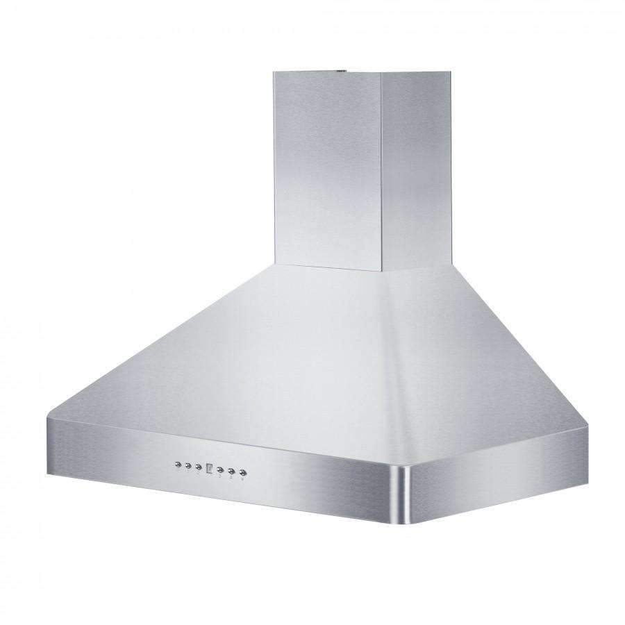 Stainless steel wall range hood canopy with chimney top and side housing