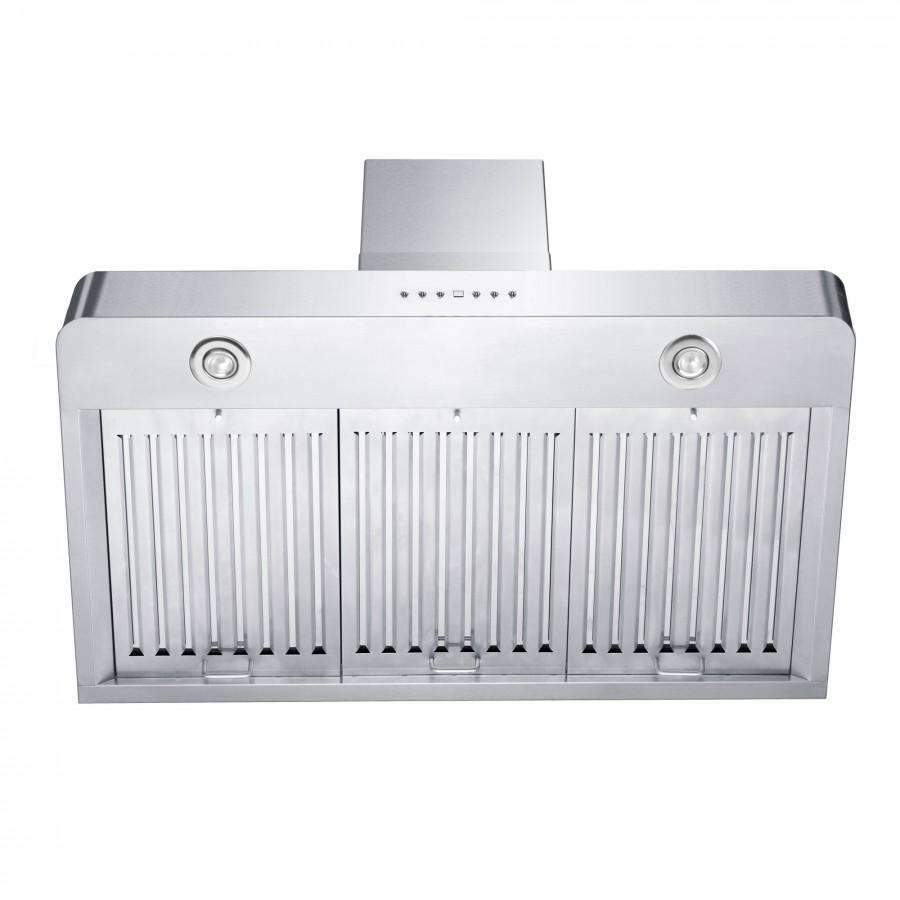 Stainless steel range hood front with round lights and vertical vent filter panels