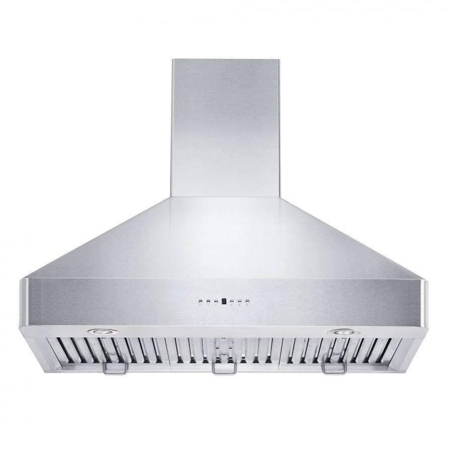 Stainless steel wall range hood front panel with vertical slots and two circular controls