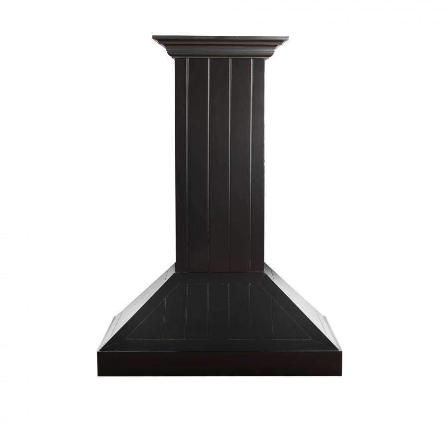 Black wooden wall range hood with crown molding and flared chimney canopy