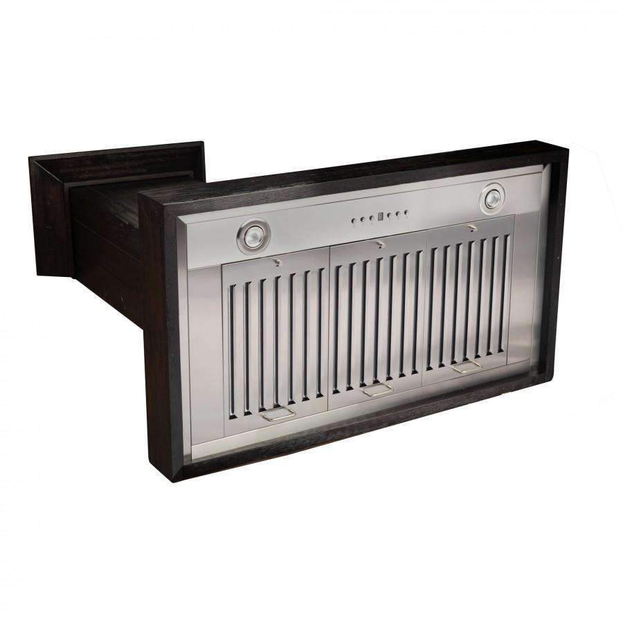 Dark wood and stainless range hood vent panel with control knobs on face
