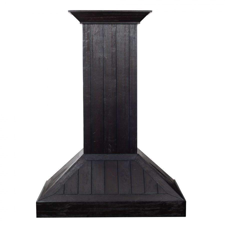 Rustic dark wooden range hood with flared canopy and tall chimney column