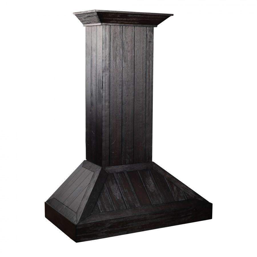 Rustic dark wooden range hood chimney column and wide canopy top