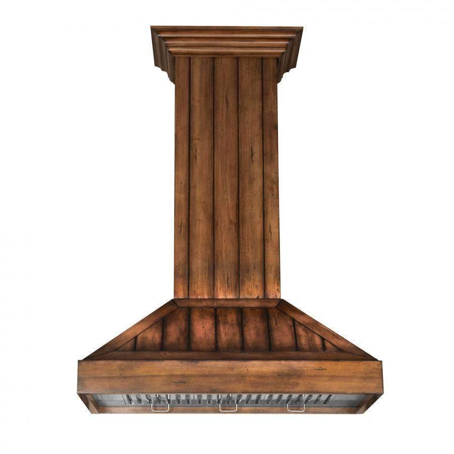 Rustic wooden chimney wall range hood with flared bottom and vent grilles